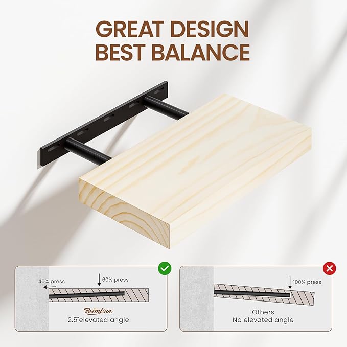 Heimlove 16 Inch Floating Shelves for Wall Solid Wood Shelves Set of 2,Wall Mounted Rustic Wood 8 Inch Deep Floating Shelf with Invisible Brackets for Bedroom Kitchen Living Room