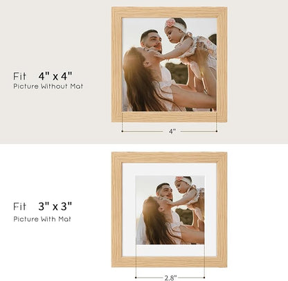 puthiac 4x4 Solid Oak Wood Picture Frame, Fits 3x3 with Mat or 4x4 Without Mat, Wall or Tabletop Display with Stand, Plexi Front, 3 Pack, Natural Oak