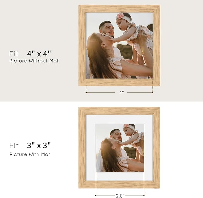 puthiac 4x4 Solid Oak Wood Picture Frame, Fits 3x3 with Mat or 4x4 Without Mat, Wall or Tabletop Display with Stand, Plexi Front, 1 Pack, Natural Oak