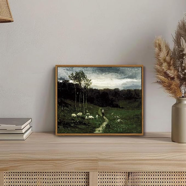 OIQArtOIQ Framed Vintage Landscape Wall Art Shepherd Natural Scenery Oil Painting Canvas Prints Country Farmhouse Aesthetic Decor Pictures for Kitchen Bedroom Living Room Bathroom