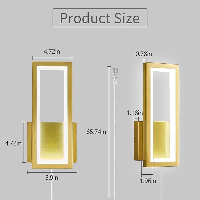 Modern Gold Plug in Wall sconces 18W Indoor LED Simple Wall Fixture 6000K Rectangle Vanity Wall Lights for Living Room Bedroom Hallway Stairs(1Pack)