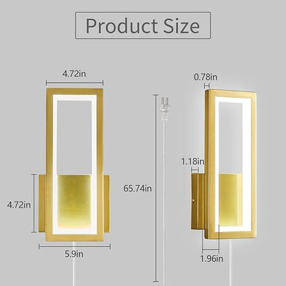 Modern Gold Plug in Wall sconces 18W Indoor LED Simple Wall Fixture 6000K Rectangle Vanity Wall Lights for Living Room Bedroom Hallway Stairs(1Pack)