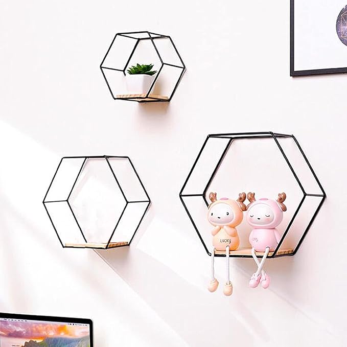 3 Pcs Floating Shelves, Black Geometric Hexagon Shaped Mounted Floating, Metal Wire Wall Display Shelves for Bedroom Living Room Kitchen Office, 6.7in 9.4in 11in