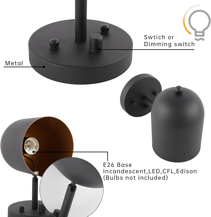 Pathson Modern Hardwired Wall Sconce with Dimmer Switch, Adjustable Light Head Wall Vanity Light, E26 Bulb Base Reading Lamp Lighting Decor for Bedroom Living Room Kitchen Sink Hallway