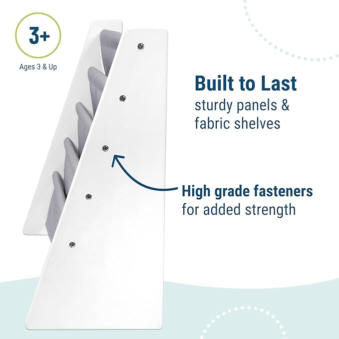 Wildkin Wooden Sling Bookshelf for Kids – Premium Canvas Design with 4 Fabric Shelves, Organizer for Home or Classroom - White w/Gray