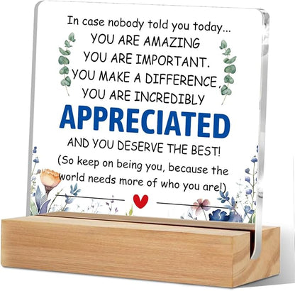 Employee Appreciation Gifts Thank You Gift Goodbye Leaving Gifts for Coworkers Colleagues Employees, in Case Nobody Told You Today You Are Appreciated Acrylic Sign with Wooden Stand Office Decor
