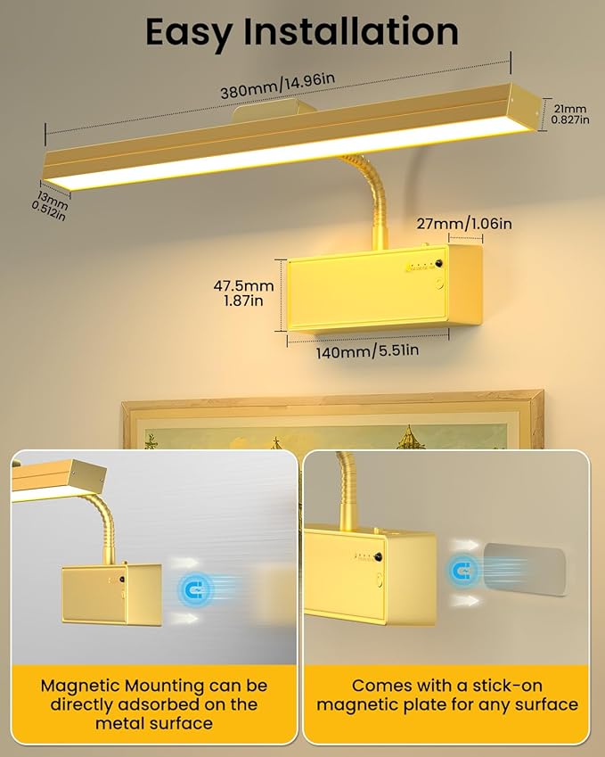 Wireless Picture Lights for Wall, 3000mAh Rechargeable with Power Level Display, 15'' Magnetic LED Art Painting Light with Remote & Timer, 3CCT Dimmable for Gallery, Frame, Dartboard (Gold)