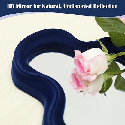Irregular Wall Mirror Living Room Decor, Decorative Wavy Funky Mirrors with Flocking Touch, Modern Asymmetrical Mirror for Hallway Entryway Staircase Bathroom Bedroom (Dark Blue)