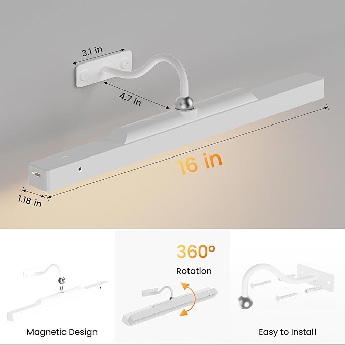 Cordless White Picture Lights for Wall Artworks - Wireless Remote, 3 Modes Dimmable 350LM Above Frame Lighting, 5000mAh Rechargeable Battery Wall Mount for Photo, Gallery,Paintings,Dartboard(2-Pack)
