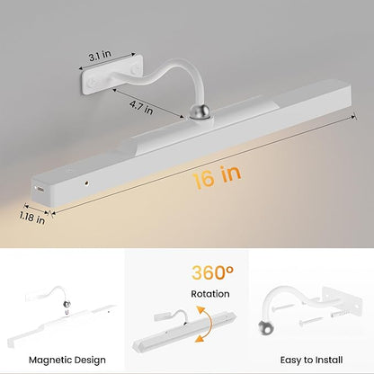 16in White Wireless Picture Frame Lights, 2 Pack Battery Operated Art Lights for Paintings – Dimmable, 13H Runtime, 5000mAh, Remote, 3 Color Temps Gallery Light for Display, Wall, Artwork
