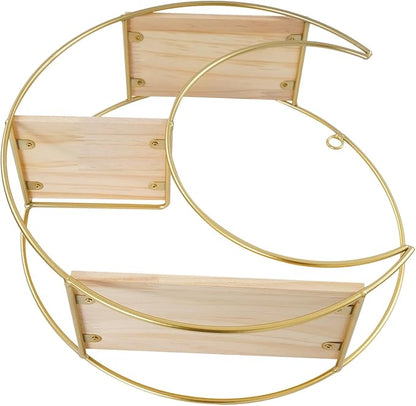 Floating Shelves Wall Mounted, 3-Tier Storage Display Rack Storage Display Rack Metal Wall Mount Display Organizer Holder for Home Decor,Gold (1, Round+ Moon)