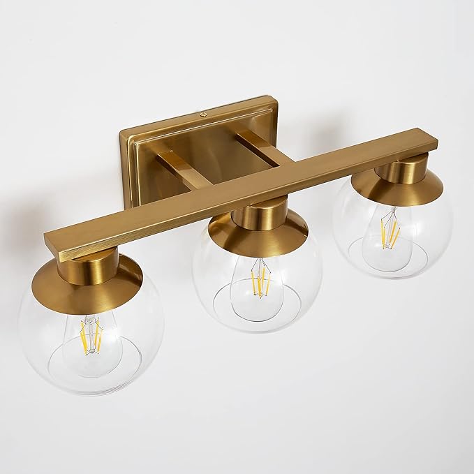 3-Light Brushed Brass Bathroom Vanity Lights, Gold Bathroom Light Fixtures Over Mirror with Globe Glass Shade, 22in Modern Wall Sconces for Bath Mirror Bedroom Hallway, E26 Base (Bulbs Not Included)