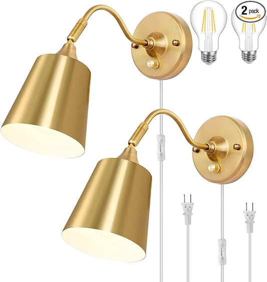 TRLIFE Wall Sconce Plug in, Dimmable Wall Sconces Adjustable Gold Wall Lights with Plug in Cord and Dimmer On/Off Knob Switch, Wall Mounted Light for Bedside Bedroom Stairway(2 Pack, 2 Bulbs Included)