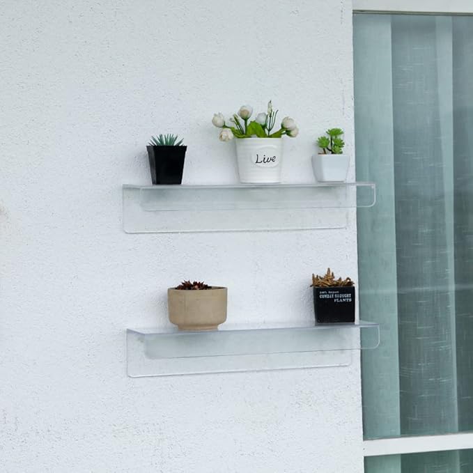 2 Pcak Clear Acrylic Shelves for Bedroom,Room,15 Inch Bathroom Wall Shelf & Organizer,Invisible Floating Shelves & Wall Storage for Collectibles Perfume Shelf,Record,Funko Pop,Lego Display,Bookshelf