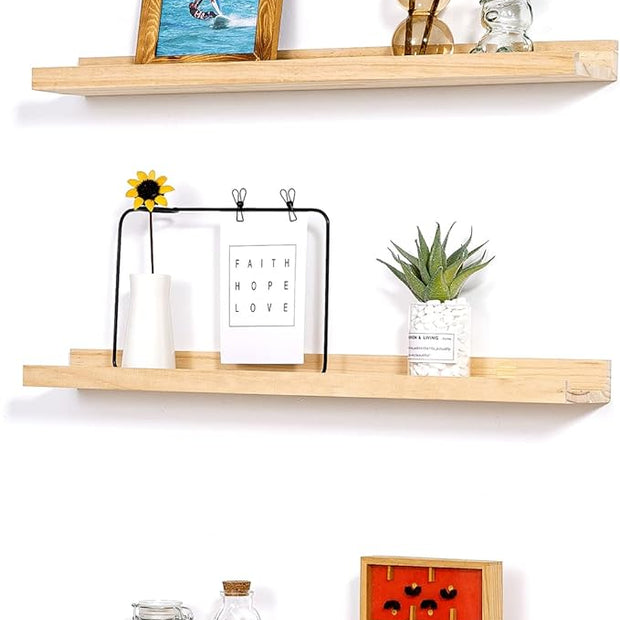 AZSKY Natural Wood Wall Mounted Shelves 24 Inch Floating Wall Book Shelf Floating Ledge Storage Rustic Shelves Photo Picture Ledge for Home Decor a Set of 3
