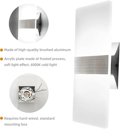 KICAAO Modern Wall Sconces Set of Two, Led Wall Light 10w, 6000k White Light Up Downlight, Hardwired Acrylic Wall Light Lighting, Suitable for Living Room Corridor Bedside (Cool White 6000K 2Pack)