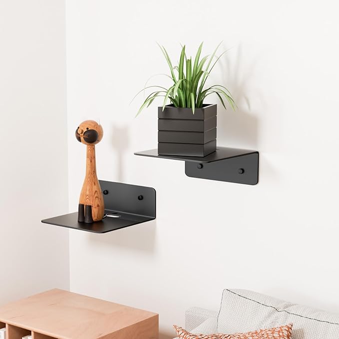 Small Floating Shelves for Wall, 5 Inch Metal Wall Shelves - Adhesive Installation, Display Ledges Set of 2, Perfect for Echo, Cameras, Mini Decor, Funkos, Figurines (Black)