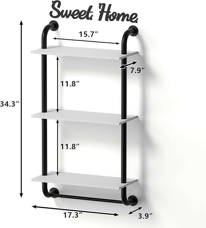 Wall Shelves 3-Tier, Bathroom Shelves Over Toilet, Rustic Industrial Pipe Shelf, Farmhouse Bathroom Decor, Floating Shelf Wall Decor for Bedroom, Living Room 17.3 inch, White