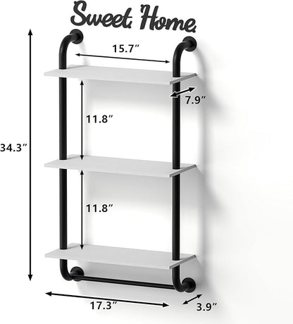 Wall Shelves 3-Tier, Bathroom Shelves Over Toilet, Rustic Industrial Pipe Shelf, Farmhouse Bathroom Decor, Floating Shelf Wall Decor for Bedroom, Living Room 17.3 inch, White