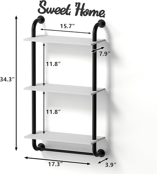 Wall Shelves 3-Tier, Bathroom Shelves Over Toilet, Rustic Industrial Pipe Shelf, Farmhouse Bathroom Decor, Floating Shelf Wall Decor for Bedroom, Living Room 17.3 inch, White