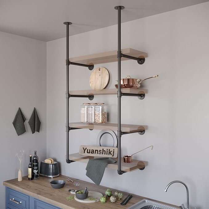 Yuanshikj 2Pc (56" Tall 12" deep 3/4") Industrial Wall Mount Iron Pipe Shelf Shelves Shelving Bracket Black Bookshelf Bookcase DIY Storage Office Kitchen (4Tier Hardware only)