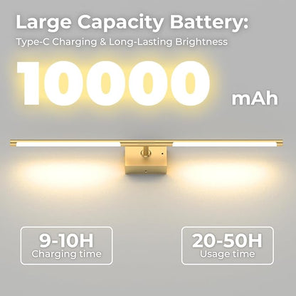 Battery Operated Wall Sconce Set of Two - 10000mAh Cordless Rechargeable Wall Sconces with Remote & Touch Control, 360°Rotate, 4CCT Dimmable Gold Wall Lights for Bedroom Living Room, 31.5 inch