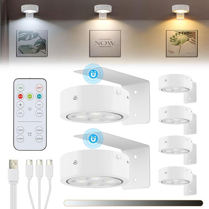 6 Pack Rechargeable Battery LED Picture Light,Wall Lights for Pictures with Remote Dimmable and Timer,3 Lighting Modes Magnetic Art Display Light for Paintings Battery Operated-White