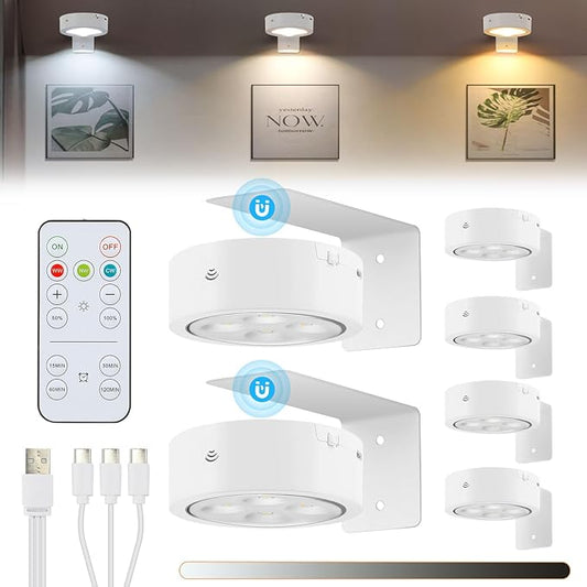 6 Pack Rechargeable Battery LED Picture Light,Wall Lights for Pictures with Remote Dimmable and Timer,3 Lighting Modes Magnetic Art Display Light for Paintings Battery Operated-White