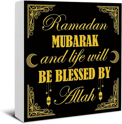 Ramadan Decorations - Islamic Decor - Ramadan Mubarak Wooden Sign Home Office Living Room Bedroom Kitchen Bathroom Desk Table Shelf Wall Decor - 5 x 5 Inches