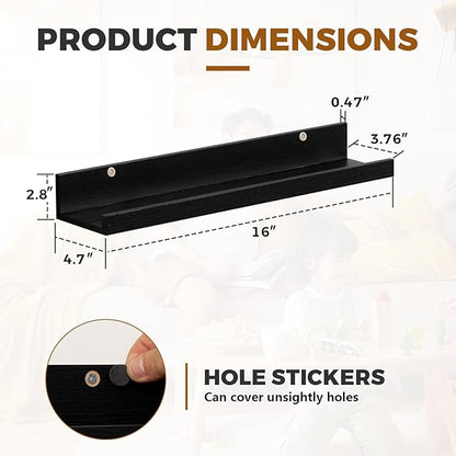 Muzilife 16" Floating Wall Ledge Shelves with Lip - Set of 2 Wood Floating Shelves - Black Wall Mounted Picture Ledge for Office, Bathroom, Bedroom, Living Room, Kitchen