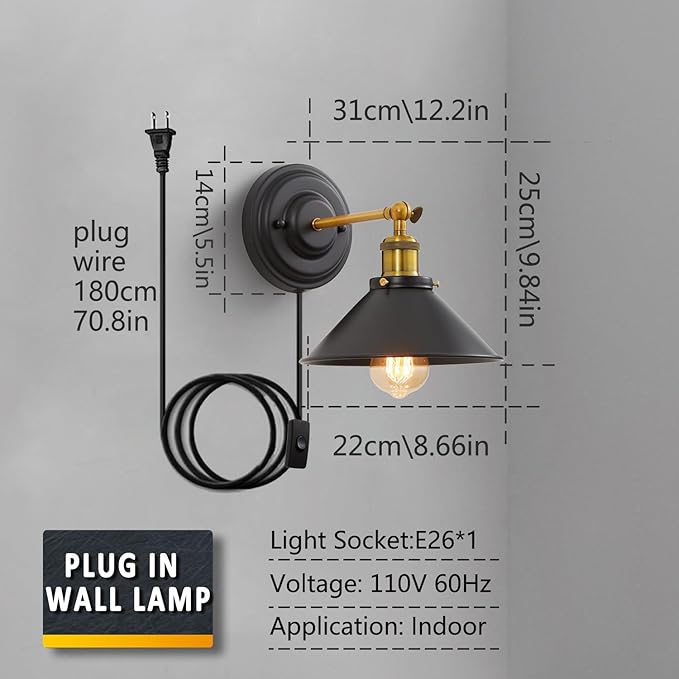 Lightess Plug in Wall Sconces Set of 2, Vintage Plug in Wall Light with 6FT On/Off Switch, Rotatable Mounted Lamps for Bedroom Living Room