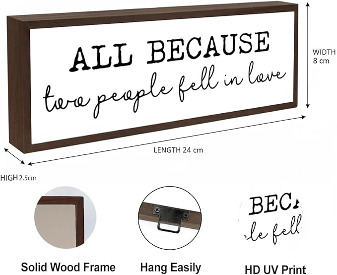 All Because Two People Fell In Love Sign, Farmhouse Wooden Box Signs, Home Decor for Living Room, Master Bedroom Decors, Tabletop Decors, Anniversary Decoration, Valentines Day Decor