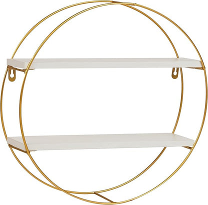 Mind Reader Floating Round Wall Shelves, Gold Metal Frame with Dual White Display Shelves, Decorative Wall-Mounted Organizer for Living Room, Office, or Bathroom, Metal. MDF, White