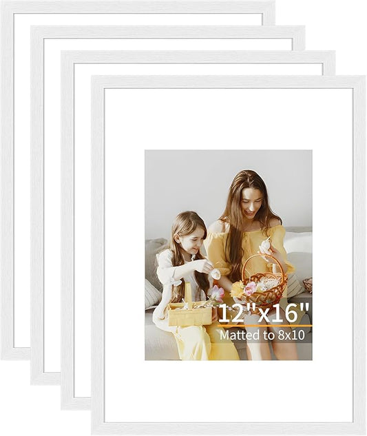 12x16 Picture Frame Set of 4, Displays 8x10 with Mat or 12x16 Without Mat, Photo Frames for Wall Hanging or Tabletop, Includes HD Plexiglass, White