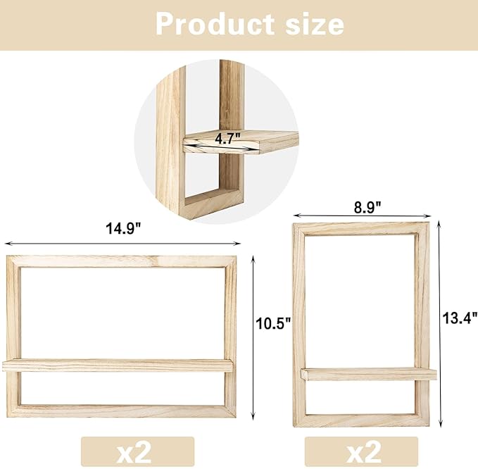 idee-home Floating Shelves for Wall, Rustic Square Hanging Floating Shelves Set of 4 Wood, Wall Decor Mounted Bathroom, Living Room, Kitchen Storage