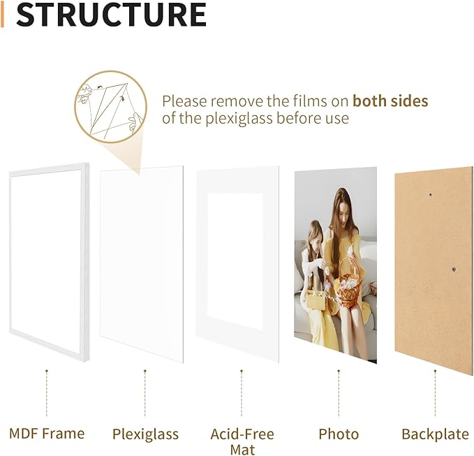 11x14 Picture Frame Set of 4, Displays 8x10 with Mat or 11x14 Without Mat, Photo Frames for Wall Hanging or Tabletop, Includes HD Plexiglass, White