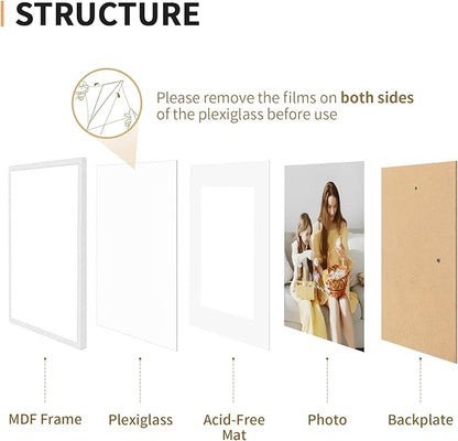11x14 Picture Frame Set of 4, Displays 8x10 with Mat or 11x14 Without Mat, Photo Frames for Wall Hanging or Tabletop, Includes HD Plexiglass, White