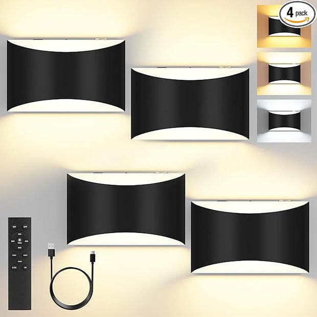 FOLKSMATE Battery Operated Wall Sconces Set of 4, Rechargeable Remote & Touch Control Wall Lamps, 3 Color Temperatures, Cordless Dimmable Lamp for Bedroom, Living Room, Hallway