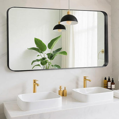 Blck Bathroom Mirror for Over Sink - 20x40 Inch Metal Framed Round Corner Bathroom Mirror for Wall, Matte Large Vanity Mirror for Restroom, Entryway, Hanging Vertically or Horizontally