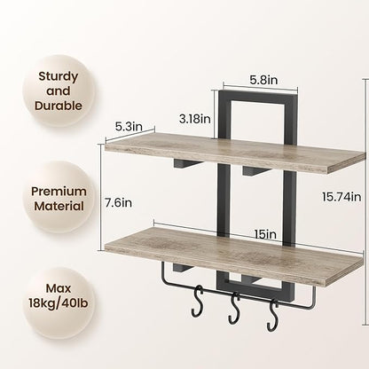 Floating Shelves, 15" Wall Shelf Set of 2, Hanging Bathroom Shelves 2-Tier, Wall Mounted Storage Shelves, for Living Room Bedroom Bathroom Kitchen Office Coffee Bar, Greige