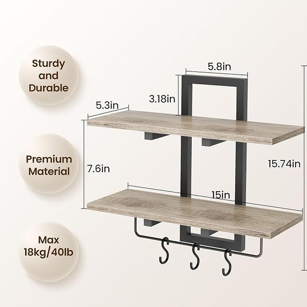 Floating Shelves, 15" Wall Shelf Set of 2, Hanging Bathroom Shelves 2-Tier, Wall Mounted Storage Shelves, for Living Room Bedroom Bathroom Kitchen Office Coffee Bar, Greige