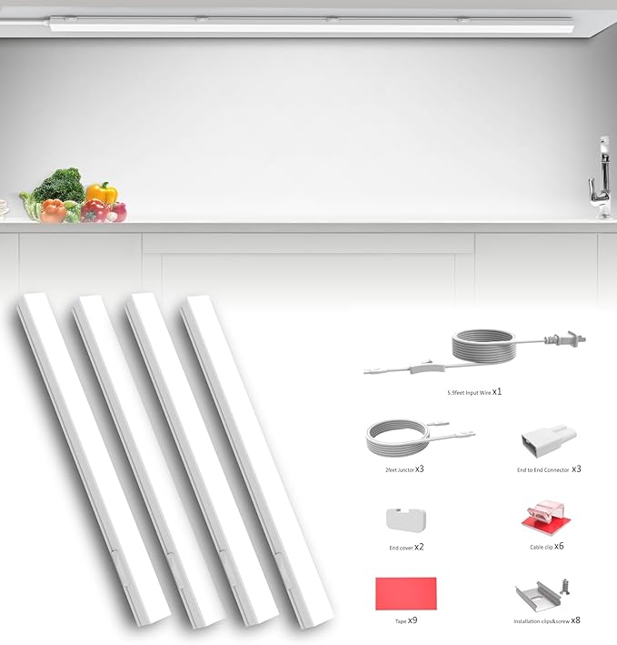 Under Cabinet Lighting Plug in, 16 Inch 4 Pcs, Linkable AC120V 3CCT 3000K/4000K/5000K Ultra Slim, LED Under Cabinet Lights for Counter Light, Kitchen, Shelf, Sink, Workshop, Desk, White