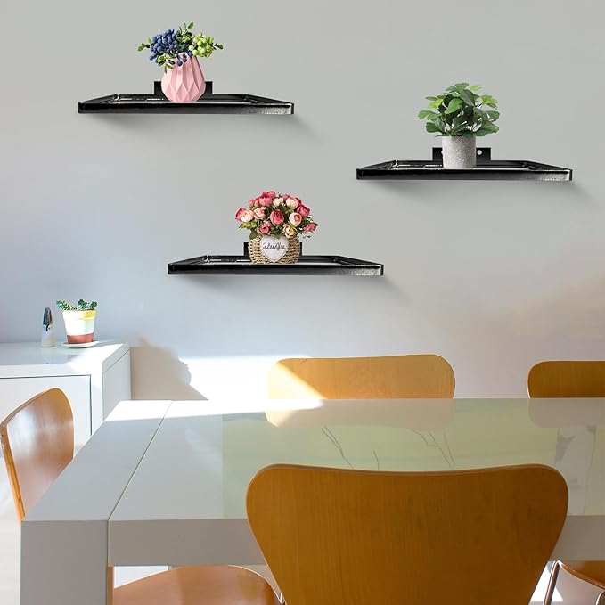 Cityelf Floating Shelves Wall Mounted Wall Decor Iron Glass Hanging Shelf Home Decor Set of 3 Display Ledge Shelves for Living Room Bedroom Black Square