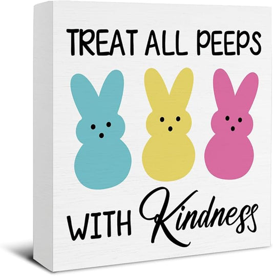 Easter Decor - Easter Decorations - Treat with Kindness Wooden Sign Home Office Living Room Bedroom Desk Table Shelf Decor - 5 x 5 Inches