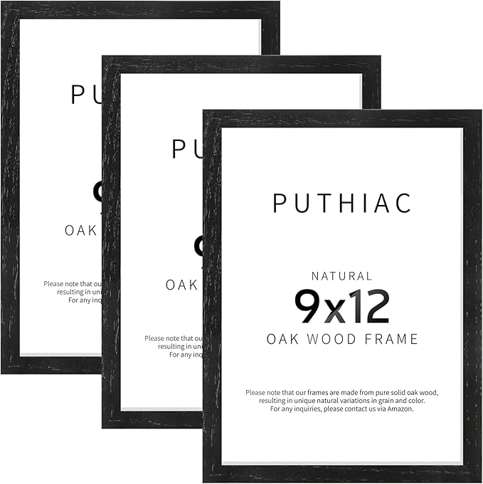 puthiac 9x12 Solid Oak Wood Picture Frame, Fits 6x8 with Mat or 9x12 Without Mat, Wall or Tabletop Display with Stand, Vertical or Horizontal, Plexi Front, 3 Pack, Black