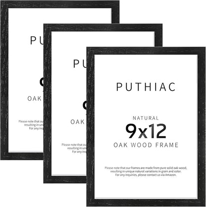 puthiac 9x12 Solid Oak Wood Picture Frame, Fits 6x8 with Mat or 9x12 Without Mat, Wall or Tabletop Display with Stand, Vertical or Horizontal, Plexi Front, 3 Pack, Black
