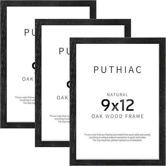 puthiac 9x12 Solid Oak Wood Picture Frame, Fits 6x8 with Mat or 9x12 Without Mat, Wall or Tabletop Display with Stand, Vertical or Horizontal, Plexi Front, 3 Pack, Black