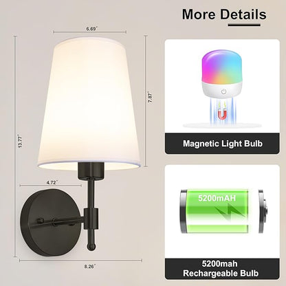 Battery Operated Wall Sconces Set of 2, Rechargeable Black Wall Sconce with Remote Control, 12 Colors RGB Magnetic Bulb, Wireless Battery Wall Lamp for Bedroom Living Room Hallway