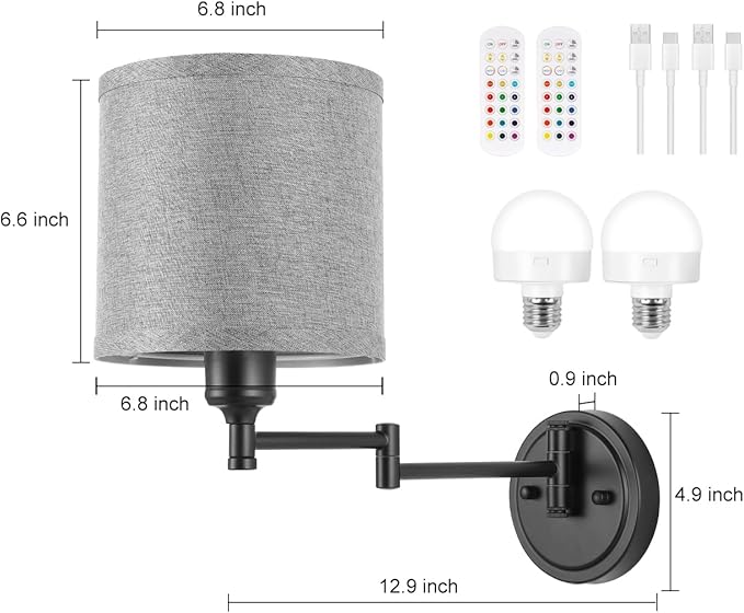 Battery Operated Wall Sconce with Remote Control, 15 Colors Dimmable Wireless Wall Sconces Set of Two, Rechargeable Cordless Wall Sconce Light, Swing Arm Wall Lamp with Grey Fabric Shade