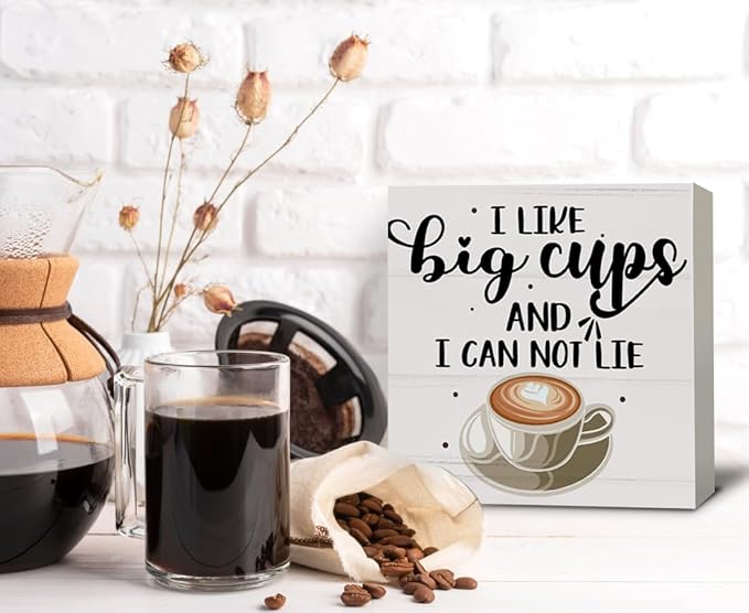 Funny Coffee Decor, Coffee Table Decor, Coffee Sign Decor, Wood Box Sign Block Coffee Table Decorations for Coffee Bar Home Office Shelf Decor 5 x 5 Inch, White